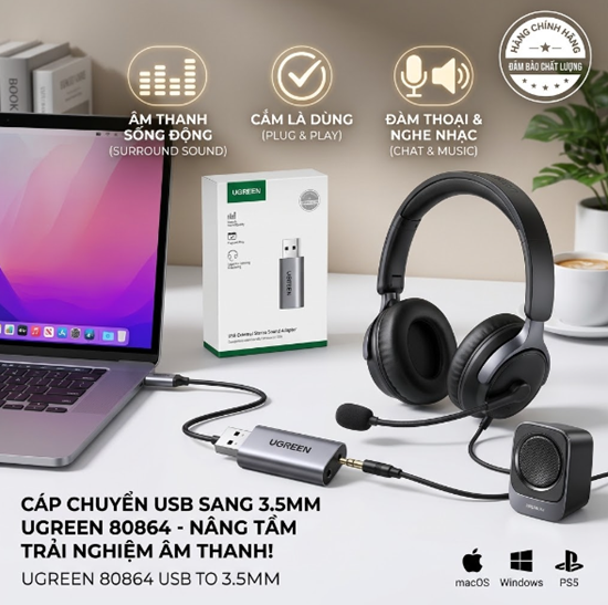 Cáp Chuyển USB 2.0 Sang Jack 3.5mm TRRS Mic & Loa UGREEN 80864 - Card Âm Thanh USB Cho PC, Laptop, PS5